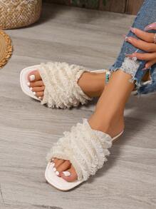 Women Handmade Tassel Criss Cross Square Toe Flat Sandals, Comfortable & Versatile, Beige Beach Slippers