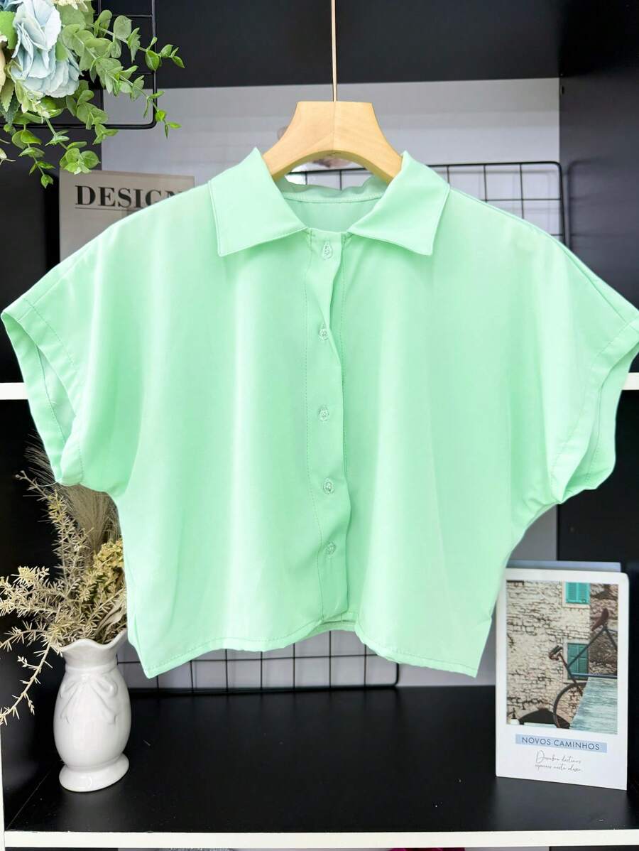 ELLIE Casual Striped Print Loose Cropped Shirt - 單色薄荷綠 - 查看 1