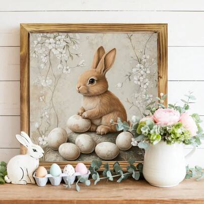 1 Piece Of Farmhouse Wooden Rabbit And Easter Egg Wall Decoration Logo, 8x 8 Inch Wooden Frame, Indoor Holiday Easter Decoration, Suitable For Living Room, Kitchen, Office-No Electricity Required Gifts Birthday Graduation