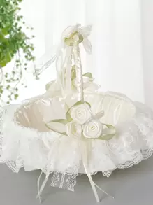 1个闪亮复古无纺布花篮，婚礼花童篮，蕾丝花边手提篮带蝴蝶结，米色小花篮，西式婚礼装饰，蕾丝布艺婚礼花篮，花童篮，伴娘手提篮，四季皆宜 - 米色 - 查看 3