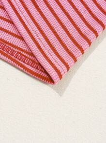 Áo thun dệt kim tay ngắn cổ tròn, phối màu tương phản, kẻ sọc, màu hồng mùa hè. - Hồng - Xem 8
