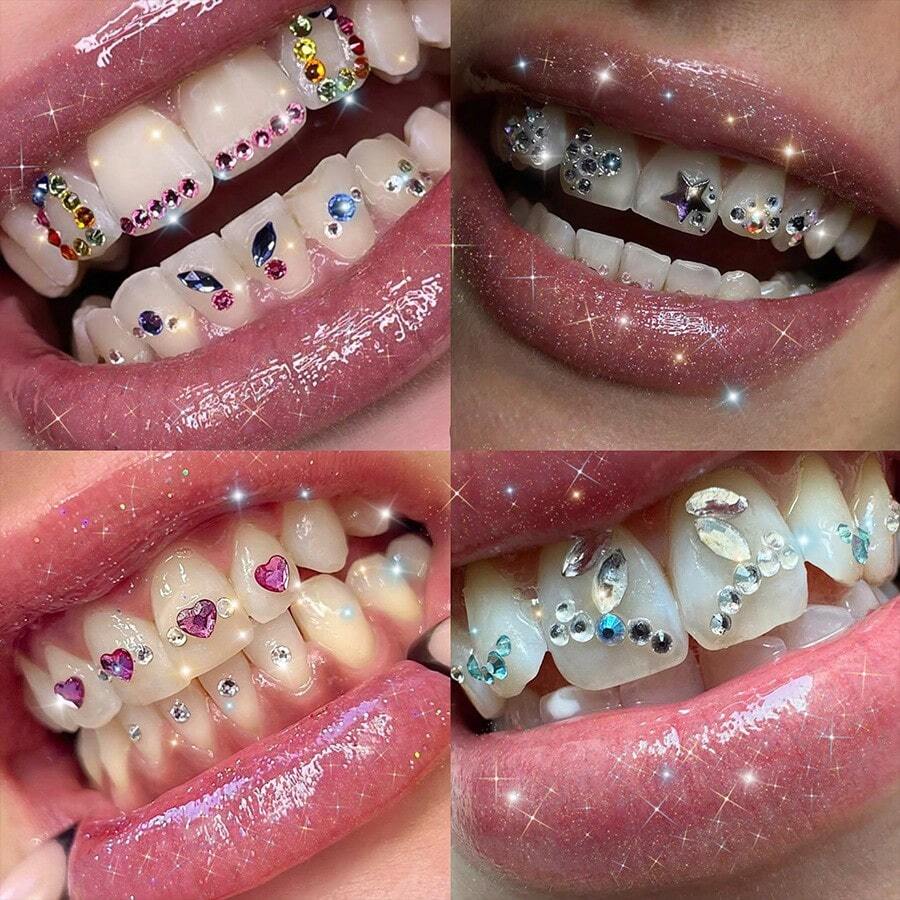 24pcs/Set Cute Star Teeth Jewelry Set, Fashion Heart Shaped Rhinestone Teeth Jewelry Set, Fashion Rhinestone Teeth Jewelry Kit (Excluding Glue) - 24PCS Pink - View 1