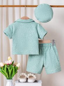 Girls White Suit 3-Piece Set, Elegant Shirt + Shorts + Hat, Classic Children's Party Dress, Jacquard Textured Fabric, Vintage Style, Suitable For Festivals, Birthdays, Photoshoots, Fits Girls Aged 4-7, Spring/Summer - Blue - View 2