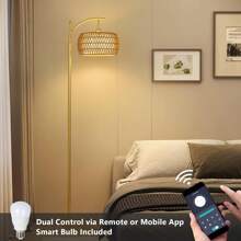 Arc Floor Lamp With Remote Control, Dimmable LED Floor Lamp With 3 Color Temperature, Black Standing Lamp With Rattan & Fabric Double Drum Shade, Boho Farmhouse Tall Pole Lamp For Living Room Bedroom - US A Type Plug(110-127V) - View 4