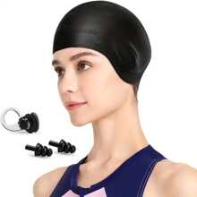3pcs High Quality Silicone Swimming Caps With Ear Protection - Waterproof, Handwash, Suitable For Long & Short Hair Men And Women - Available In Black, Blue, Pink - Multicolor - View 1