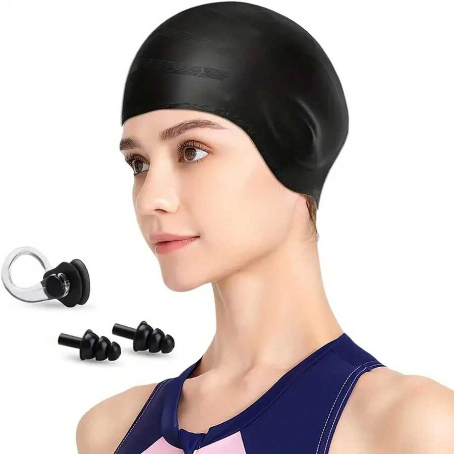 3pcs High Quality Silicone Swimming Caps With Ear Protection - Waterproof, Handwash, Suitable For Long & Short Hair Men And Women - Available In Black, Blue, Pink - Multicolor - View 1