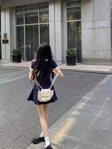 Women's Summer Ruched Vintage Patchwork A-Line Dress With Square Collar Elegant - Navy Blue - View 5