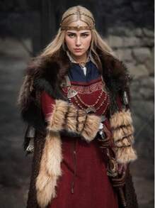 维京人角色扮演服装，仿皮草裹领斗篷，冬季大衣配腰带，带扣设计，适合万圣节，中世纪风格肩部仿皮草 - 彩色 - 查看 4