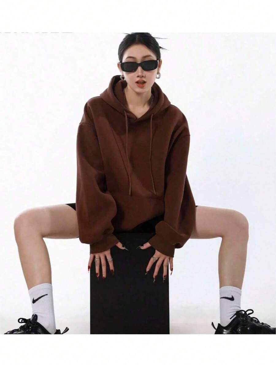 Women's Solid Color Hooded Sweatshirt With Lining And Drawstring - Marrón - Ver 1