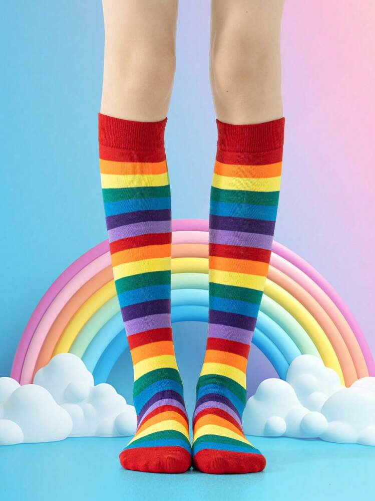 1/3 Pairs Rainbow Socks For Women, Korean Style JK Dance Cosplay Sweat-Absorbent Breathable Knee-High Socks, Y2k, Cozy - Multicolor - View 6