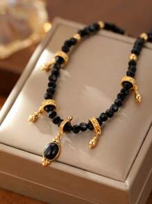 1件装女士春夏黑色玛瑙串珠吊坠项链，18K镀金铜材质高端多层颈链 - 黑金色 - 查看 3