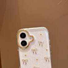 Bow-Knot New 3-In-1 Golden Frame Full Screen Gold Bow-Tie Liquid Filled Phone Case Compatible With Iphone 16 Pro Max, 15 Pro Max, IPhone 13, IPhone 14, Luxury Design Waterproof Shockproof Anti-Fall Scratch Resistant - Gold - View 3