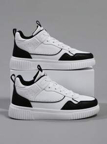 Men's Flats Shoes Casual Sneakers, Lace Up Soft Sole Flat Comfortable Skate Shoes For Men, Lightweight High-Top Daily Shoes - White and Black - View 4