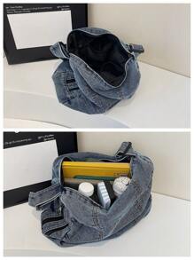 2025 春夏复古时尚休闲洗水牛仔斜挎包，带缝线的百搭单肩包，缝线帆布包，学院风，大容量，可折叠街头风单肩包 - 藍色 - 查看 8