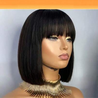 CUEKI Short Bob Wig With Bangs Human Hair Fiber None Lace Front Wigs Straight Hair Machine Made Bob Wig For Women Black Color