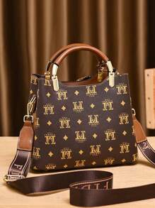 3 Peças Conjunto de Bolsas de Moda Feminina com Padrão Geométrico, Cor Marrom Escuro, Material de Couro Artificial, Forro de Poliéster, Borda de Óleo para Mulheres Elegantes
