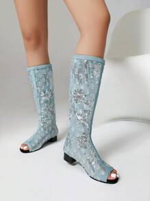 2025 Spring New Women Summer Long Boots, Roman Hollow Out Net Boots, High Shaft Sandals, Mesh Boots, Rear Zipper Open Toe High Boots, European & American Style - Light Blue - View 4