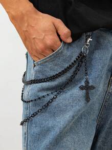 1pc Men's Faux Pearl Inlaid Gem Multi-Layer Metal Cross Pendant, Fashion Accessory, Punk Style Pants Chain, Key Chain, Waist Decor