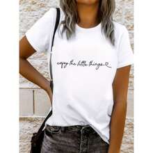 Letter Print Crew Neck T-Shirt, Casual Short Sleeve T-Shirt For Spring & Summer, Women's Clothing