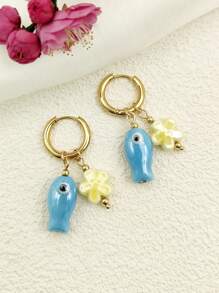 1 对可爱手绘陶瓷鱼和花装饰不锈钢环状耳环，女士日常、度假、约会礼物 - 小魚耳圈 - 查看 13