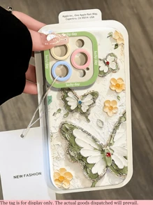 Beautiful Floral Oil Painting Green Yellow Butterfly Design Phone Case, Compatible With IPhone 16/15/15Pro/15ProMax/14/13/12/11/XsMAX Series, Gorgeous Gift For Friends/Girlfriends Waterproof Shockproof Anti-Fall Scratch Resistant - White Oil Painting Green Butterfly Yellow Flower - View 2