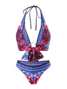 Conjunto de bikini con estampado floral y escote de halter para mujeres, estilo europeo y americano 2025 - Azul - Ver 2