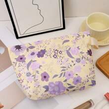 1pc Yellow Bottom Purple Flower Niche High-Grade Cosmetic Bag Portable Skincare Storage Bag Going Out Toiletry Bag Travel Essentials Holiday Essentials