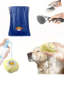 Cat/Dog Lover Gift And Dog/Cat Mom Love Pet Bath 3-Piece Set, Cute Bath Towel (Super Absorbent With Cute Embroidery) + Cat/Dog Lover Gift And Dog/Cat Mom Love Pet Bath Brush (Built-In Soap Sink) For Cat Lover And Cat Mom Loves And Dog Lover And Dog Mom Loves + Cat/Dog Lover Gift And Dog/Cat Mom Love Pet Grooming Brush (Cat/Dog Lover Gift And Dog/Cat Mom Love Pet Massage Brush, Jump Brush)