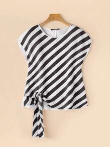 ZANZEA Women Round Neck Short Sleeve Striped Patchwork Tops Knot Shirt Blouse Summer Holiday Party Casual T-Shirt - màu đen - Xem 3