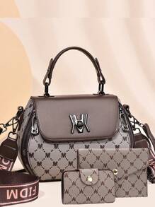 [Faux Leather Handbag Set] 3pcs Set Earthy Yellow Faux Leather Handbag For Women - Polyester Lined, Turn-Lock Closure, Shoulder Bag With Matching Apple Bag And Clutch - Coffee - View 9