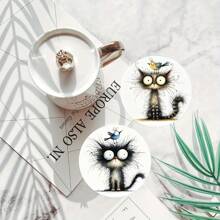6pcs Cute Cat Designed Wooden Coasters, Heat Resistant Coasters Suitable For Home And Cafe, Holiday Gift - Multicolor - View 3