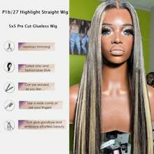 Brennas Highlight Straight Wig Pre Cut 5X5 Lace Closure Wigs Human Hair  Pre Plucked Glueless Wig 34 Inches Bye Bye Knots Put On And Go Wig 200% Density Blonde P1b/27 Colored Straight HD Transparent WigS For Women