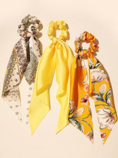 3pcs Set Satin Solid Colored Art Print Triangular Bandana, Long Hair Scarf Accessories Hair Ties Ponytail Holders Hair Elastics Hair Rubber Bands Scrunchies Hair Rope Elastic Hair Tie Head Accessories Elastic Band Beauty Home Hair Accessories