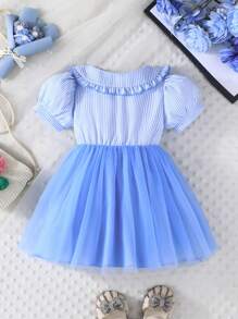 女宝宝夏季可爱公主袖彼得潘领刺绣恐龙雪纺拼布休闲连衣裙 - 藍色 - 查看 2