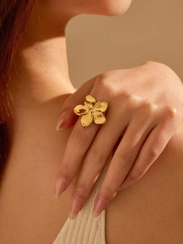 1 pieza Flor grande de color amarillo dorado en estilo exagerado y elegante, adecuado para que las mujeres lo combinen con su ropa o como anillo decorativo abierto para regalos