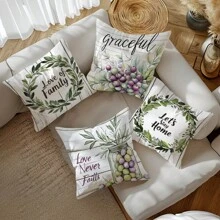 4pcs/Set 17.7*17.7in (45*45cm) "Love Of Family" Rustic Wood Grain Olive Watercolor Print Polyester Pillow Cover (Single-Sided Printing), Home Sweet Home Decorative Cushion Cover For Living Room Sofa Bedroom Headboard, Suitable For Daily Use Or Home Decor, Car Headrest