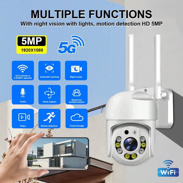Cámara de seguridad inalámbrica WiFi de 5MP 1080P HD, de doble banda 2.4G+5G WiFi y 2.4G WiFi configurable para interiores/exteriores, cámara de monitoreo PTZ inteligente para interiores/exteriores con seguimiento automático, alarma y visión nocturna a color