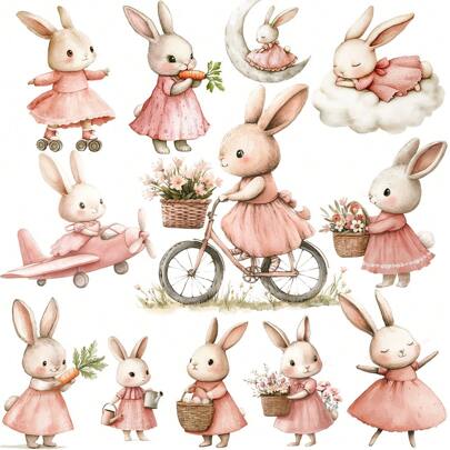 1 Pack Cute Boho Style Pink Bunny Decorative Stickers, Vintage Spring Rabbit Handmade Stickers For Scrapbooking, Diary, Album, Photo, School DIY Craft