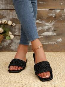 女士单趾带水钻装饰凉鞋，夏季休闲百搭户外塑料平底拖鞋 - 黑色 - 查看 6