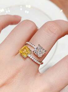 1 件方形双色锆石戒指，时尚迷人女士可调节指环，个性化奢华珠宝 - 黃色 - 查看 1
