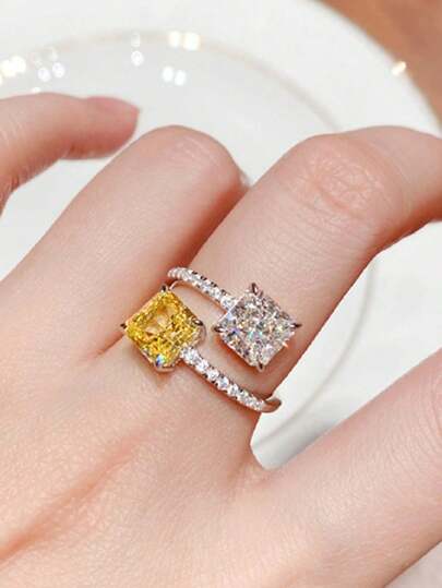 1 件方形双色锆石戒指，时尚迷人女士可调节指环，个性化奢华珠宝