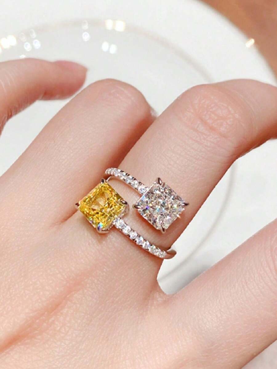1 件方形双色锆石戒指，时尚迷人女士可调节指环，个性化奢华珠宝 - 黃色 - 查看 1
