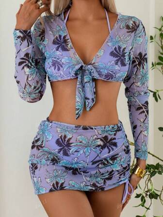 4pcs/Set Women Coconut Tree Printed Sexy Swimwear