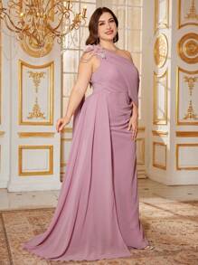 SUPGIR 加大码不对称袖子褶饰腰部飘逸下摆鸡尾酒会礼服、婚礼宾客礼服、正式礼服、晚礼服、长袍 - 粉色 - 查看 6