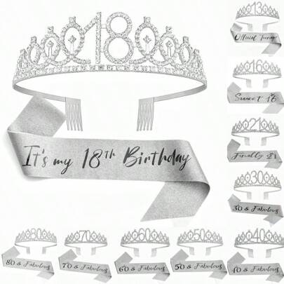 2pcs/Set Birthday Sash And Tiara For Women Including Birthday Crown 13th 16th 18th 21th 30th 40th 50th 60th 70th 80th Sash Ribbon Fabulous Candles And Cake Topper, Birthday Women Gifts For Happy Birthday Party Favor Supplies For Silver