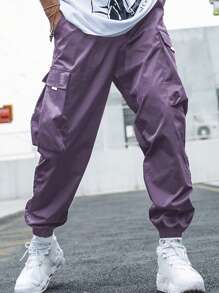 1pc Tween Boys Loose Drawstring Solid Color Cargo Pants, Suitable For Commuting, School, Casual, Travel - Purple - View 2