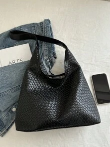 New Versatile Solid Color PU Leather Crossbody Bag, Casual Minimalist Baguette Tote - Black - View 4