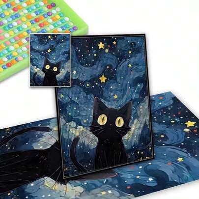 Pintura de diamante 5D DIY completa, arte de paisaje con gato de dibujos animados y cielo estrellado, manualidades de mosaico para decoración del hogar