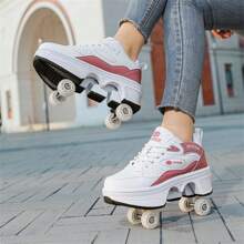 New Transformable 4-Wheel Heelys Shoes For Teenagers And Students, Dual Wheel Roller Shoes - Pink - View 7