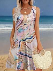 Plus Size Women's Summer New Casual Beach Holiday Sleeveless Pocket Vest Dress Dress